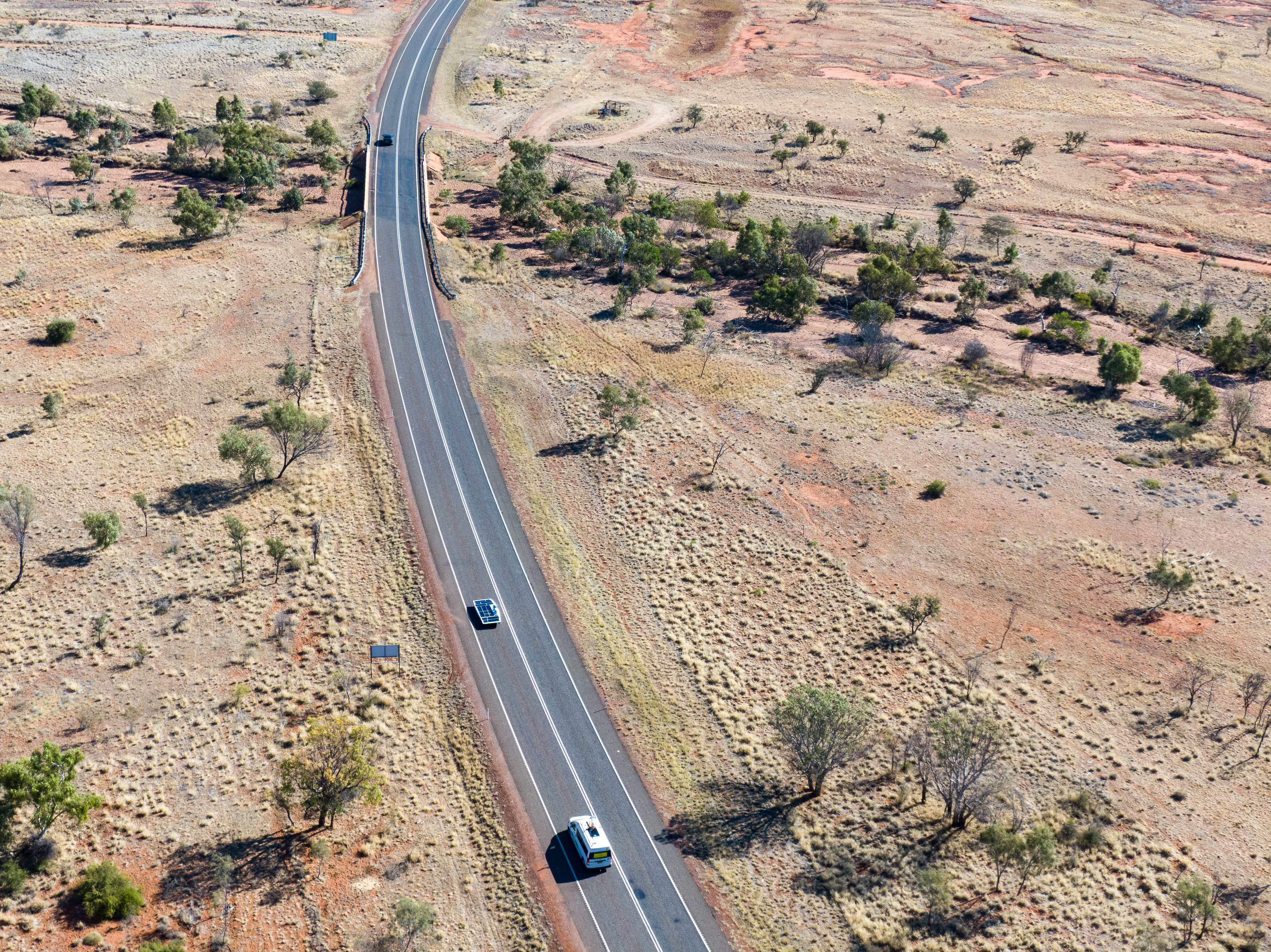 Drone shot of ANU Solar Car driving